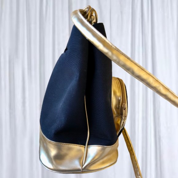 Comeco Vintage Crossbody Bucket Handbag Black Fabric + Gold Faux Leather - Picture 4 of 13